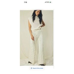 Free People Women Ivory Cable Knit Wide Leg Pants High Rise Cozy Loungewear XS/S